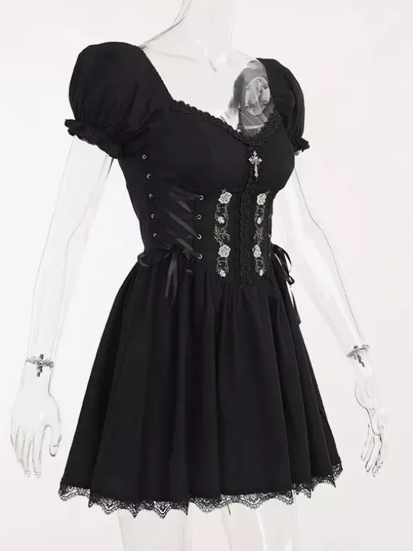 Gothic Punk Dress Off The Shoulder Short Sleeves Lace Trimed Lolita Short Dress