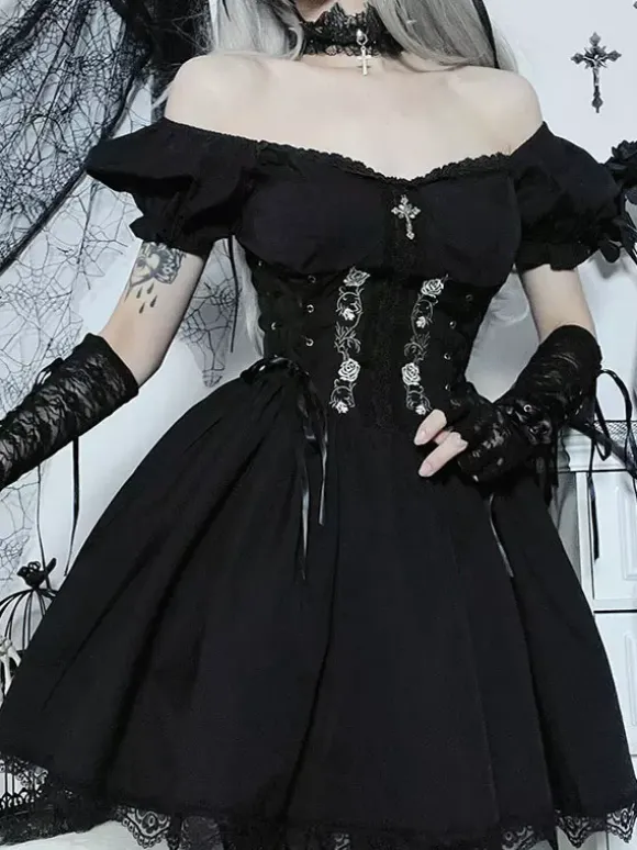 Gothic Punk Dress Off The Shoulder Short Sleeves Lace Trimed Lolita Short Dress