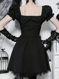 Gothic Punk Dress Off The Shoulder Short Sleeves Lace Trimed Lolita Short Dress