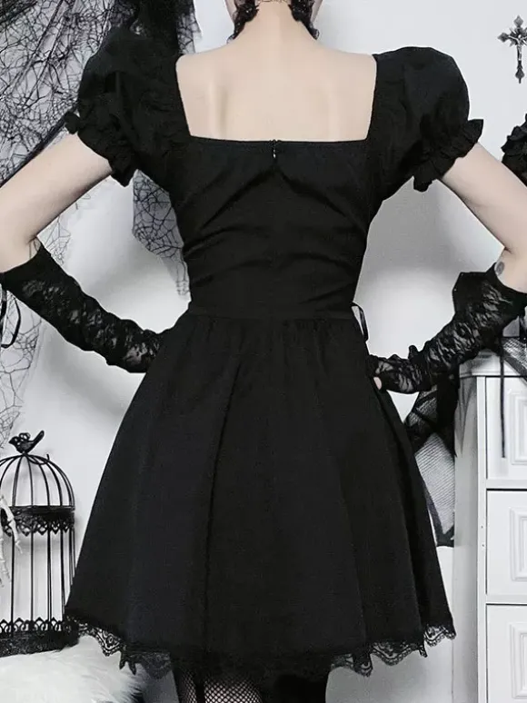 Gothic Punk Dress Off The Shoulder Short Sleeves Lace Trimed Lolita Short Dress