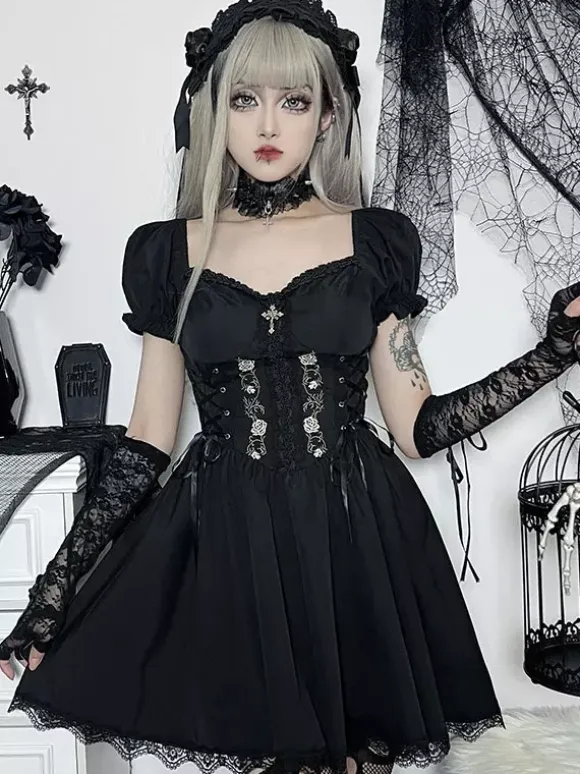 Gothic Punk Dress Off The Shoulder Short Sleeves Lace Trimed Lolita Short Dress
