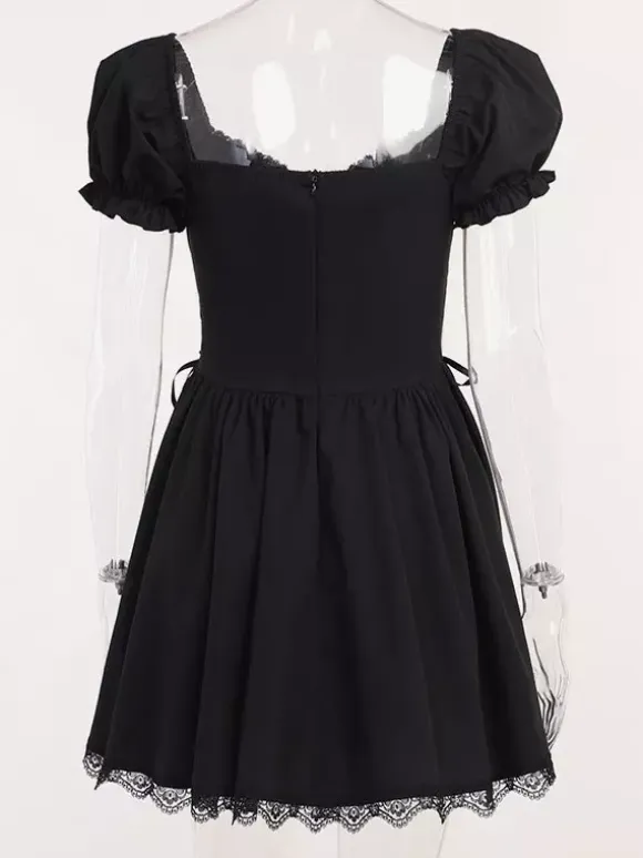 Gothic Punk Dress Off The Shoulder Short Sleeves Lace Trimed Lolita Short Dress