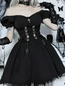 Gothic Punk Dress Off The Shoulder Short Sleeves Lace Trimed Lolita Short Dress