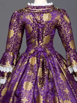 Gothic Vintage Costume Purple Lace Trim Long Sleeve Royal Masquerade Dresses