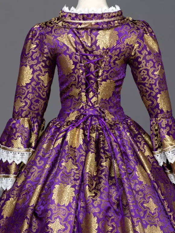 Gothic Vintage Costume Purple Lace Trim Long Sleeve Royal Masquerade Dresses
