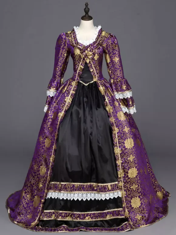Gothic Vintage Costume Purple Lace Trim Long Sleeve Royal Masquerade Dresses