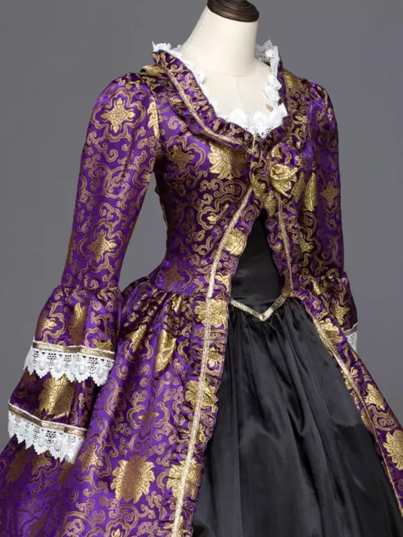 Gothic Vintage Costume Purple Lace Trim Long Sleeve Royal Masquerade Dresses