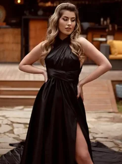 Gothic Wedding Dresses A-Line Sleeveless Split Front Satin Fabric Floor-Length Bridal Dress Free Customization