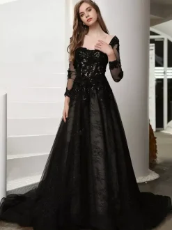 Gothic Wedding Dresses Lace A-Line Sleeveless Natural Waist Lace Court Train Bridal Gown