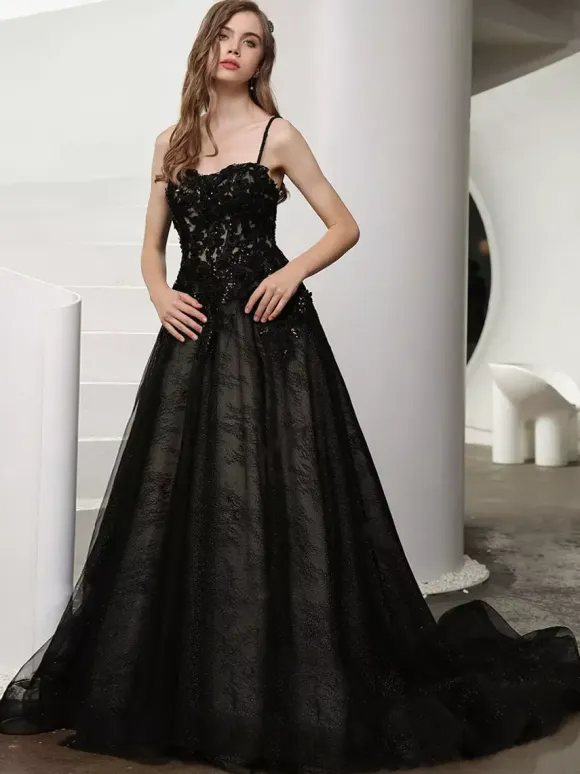 Gothic Wedding Dresses Lace A-Line Sleeveless Natural Waist Lace Court Train Bridal Gown