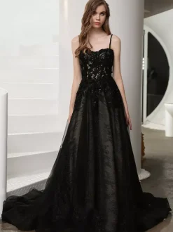 Gothic Wedding Dresses Lace A-Line Sleeveless Natural Waist Lace Court Train Bridal Gown