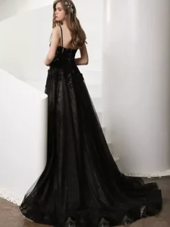 Gothic Wedding Dresses Lace A-Line Sleeveless Natural Waist Lace Court Train Bridal Gown