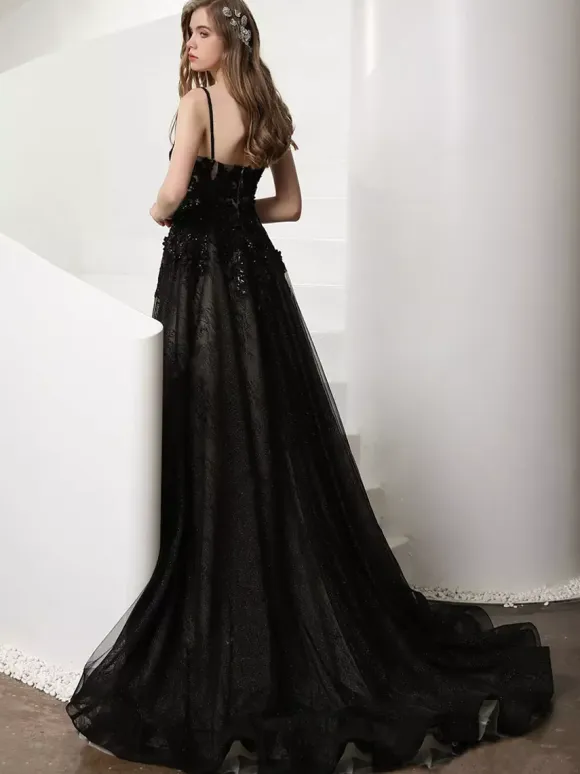 Gothic Wedding Dresses Lace A-Line Sleeveless Natural Waist Lace Court Train Bridal Gown