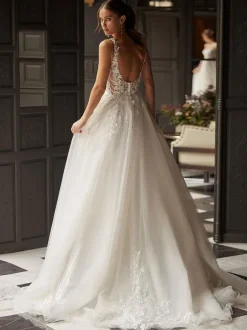 Gothic Wedding Dresses Lace A-Line Sleeveless Natural Waist Lace Sweep Bridal Gown