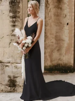 Gothic Wedding Dresses Mermaid Sleeveless Satin Fabric With Train Bridal Dress