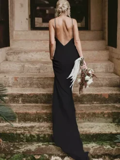 Gothic Wedding Dresses Mermaid Sleeveless Satin Fabric With Train Bridal Dress