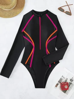 Gradient Contrast Stripe Zip Front Long Sleeve One Piece Surf Rash Guard