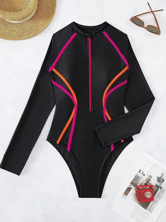 Gradient Contrast Stripe Zip Front Long Sleeve One Piece Surf Rash Guard