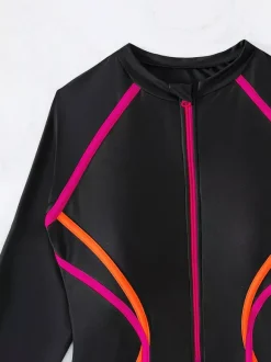 Gradient Contrast Stripe Zip Front Long Sleeve One Piece Surf Rash Guard