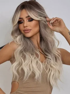 Gradient Long Curly Hair Wig With Curtain Bangs Daily Wig For Women 2026