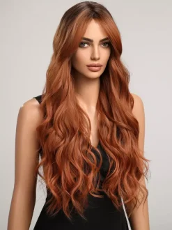 Gradient Long Curly Hair Wig With Curtain Bangs Daily Wig For Women 2026