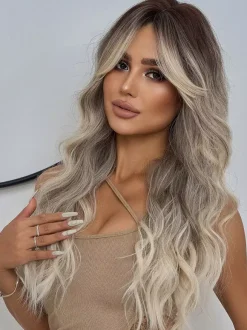 Gradient Long Curly Hair Wig With Curtain Bangs Daily Wig For Women 2026