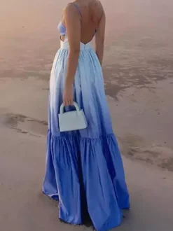 Gradient Maxi Slip Dress for Women - Blue Boho Side Cutout V Neck Tiered A Line Sundress - Summer Beach Vacation 2026