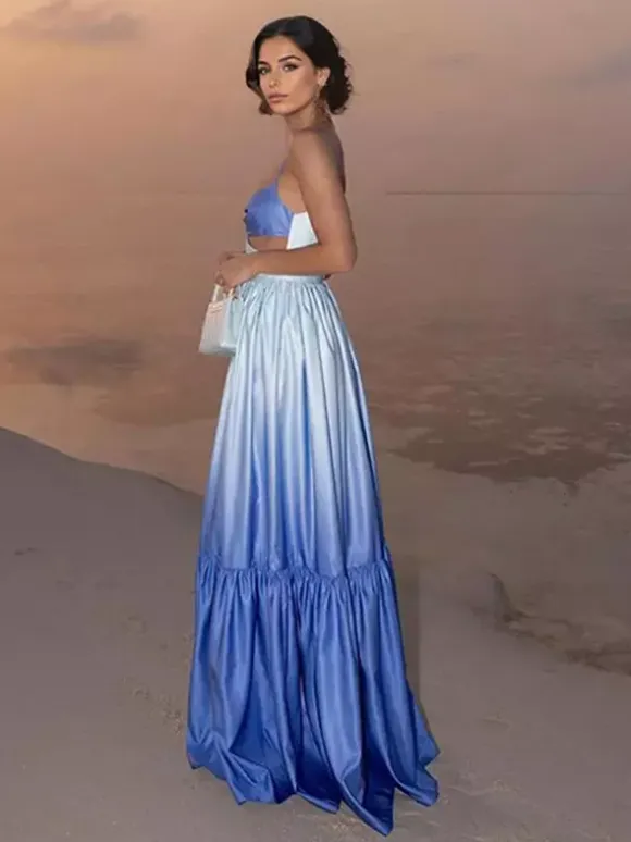 Gradient Maxi Slip Dress for Women - Blue Boho Side Cutout V Neck Tiered A Line Sundress - Summer Beach Vacation 2026