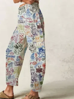 Graffiti Print Barrel Jeans For Women - Boho Horseshoe Cut Wide Leg Denim Trousers - Spring Picnic Outfit 2026