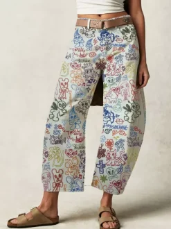 Graffiti Print Barrel Jeans For Women - Boho Horseshoe Cut Wide Leg Denim Trousers - Spring Picnic Outfit 2026