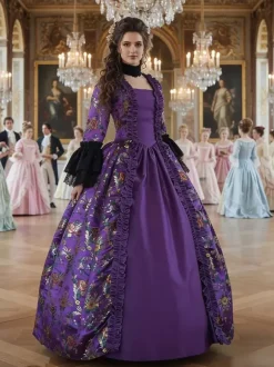 Grape Retro Tudor Dress Costumes Lace Up Satin Fabric Tattoo Print Choker Girl's Gothic Marie Antoinette Costume Set Masquerade Ball Gown