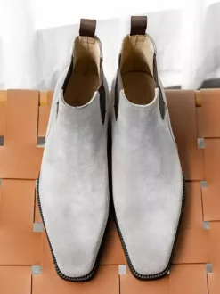 Gray Suede Chelsea Boots for Men Leather Round Toe Ankle Boots
