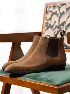 Gray Suede Chelsea Boots for Men Leather Round Toe Ankle Boots