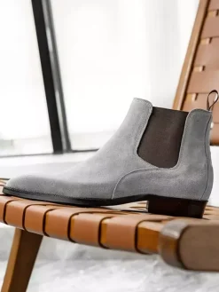 Gray Suede Chelsea Boots for Men Leather Round Toe Ankle Boots