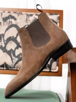 Gray Suede Chelsea Boots for Men Leather Round Toe Ankle Boots