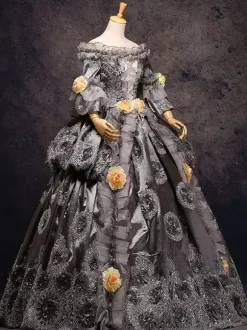 Gray Vintage Costume Rococo Lace Ruffles Off The Shoulder Flowers Beaded Ball Gown Dress
