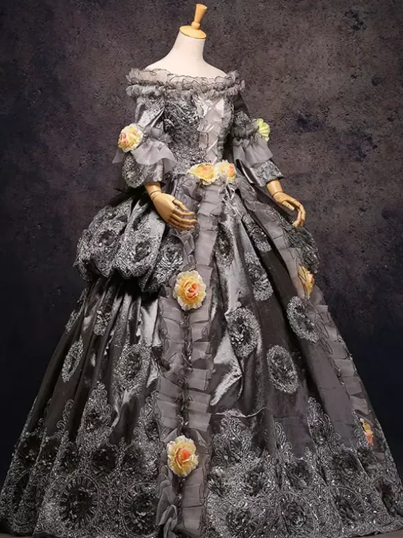Gray Vintage Costume Rococo Lace Ruffles Off The Shoulder Flowers Beaded Ball Gown Dress
