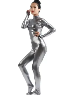 Gray Adults Bodysuit Cosplay Jumpsuit Shiny Metallic Catsuit