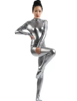 Gray Adults Bodysuit Cosplay Jumpsuit Shiny Metallic Catsuit