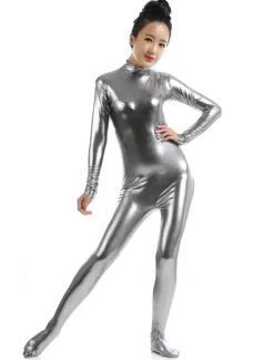 Gray Adults Bodysuit Cosplay Jumpsuit Shiny Metallic Catsuit