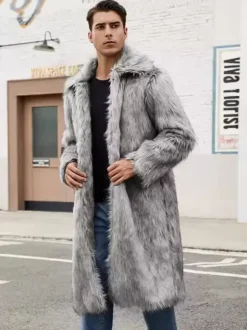 Gray Long Men's Faux Fur Coat Long-Sleeved Jacket with Turn-Down Collar