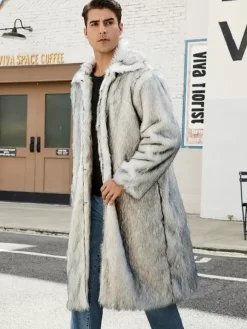 Gray Long Men's Faux Fur Coat Long-Sleeved Jacket with Turn-Down Collar