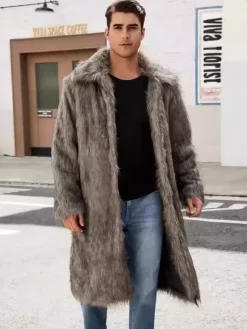 Gray Long Men's Faux Fur Coat Long-Sleeved Jacket with Turn-Down Collar