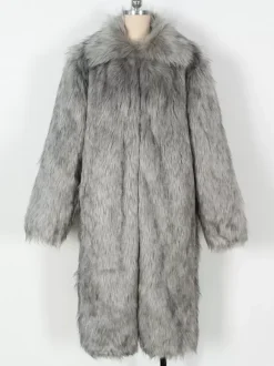 Gray Long Men's Faux Fur Coat Long-Sleeved Jacket with Turn-Down Collar