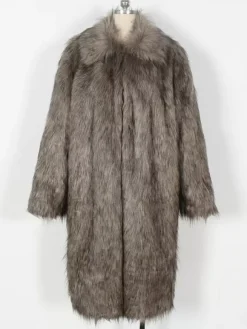 Gray Long Men's Faux Fur Coat Long-Sleeved Jacket with Turn-Down Collar