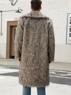 Gray Long Men's Faux Fur Coat Long-Sleeved Jacket with Turn-Down Collar