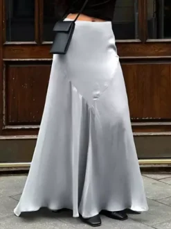 Gray Satin Skirt with Slit High Waisted Solid Color Summer A-line Long Skirt For Women 2026
