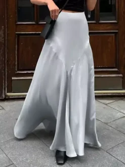 Gray Satin Skirt with Slit High Waisted Solid Color Summer A-line Long Skirt For Women 2026