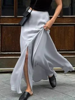Gray Satin Skirt with Slit High Waisted Solid Color Summer A-line Long Skirt For Women 2026
