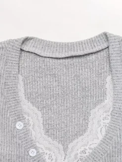 Gray V Neck Button Ribbed Knit Top Long Sleeve Lace Inner Slim Fitted Casual Fall Pullover